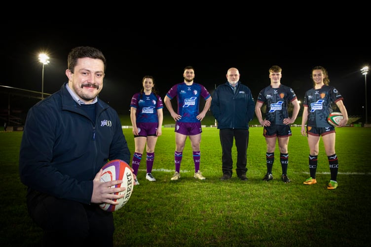 Ifor Williams Trailers sponsors of  the RGC academy teams; Pictured Richard Sulivan IWT Sales account Manager and Wayne Williams Shift Leader with Mali Edwards, Evren Ozbilen, Tom Jarman and Martha Howatson.          Picture Mandy Jones