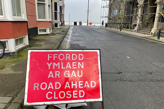 Road closed after Storm Eunice in Aberystwyth