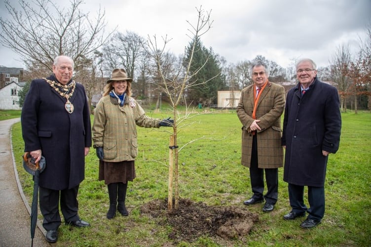 Prof Medwin Hughes, UWTSD Council Chair Randolph Thomas, Dyfed Lord Lieutenant Sara Edwards and Lampeter mayor Selwyn Walters
