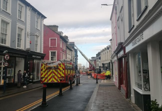Picture of fire engines on Pier Street, Aberystwyth, after roads closed due to damage by Storm Eunice