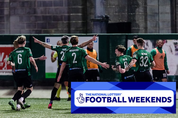 ABERYSTWYTH, WALES - 09 MARCH 2021: Jamie reed of Aberystwyth with the GOAL to make it 1 nil during JD Cymru Premier league fixture between Aberystwyth Town F.C & Haverfordwest County A.F.C, Park Avenue Stadium, March 9th, 2021, Aberystwyth, Wales (Pic By John Smith/FAW)