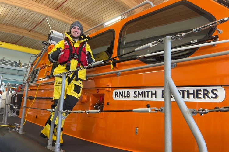 Tomos Moore onboard RNLI Pwllheli’s Shannon lifeboat. Photo: RNLI/Elizabeth Perry