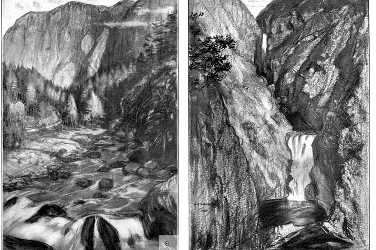 The wondrous valley of Gelert; right, cascade of the moor between Ffestiniog and Bala