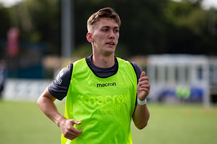 Bridgend, WALES -  28 August, 2021: 
Nathan Wood of Penybont during the warm up.
Penybont v Connahs Quay in the JD Cymru Premier at the SDM Glass Stadium on the 28th August 2021. (Pic by Lewis Mitchell/FAW)