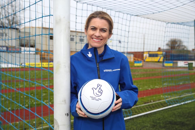 BARRY, WALES - MARCH 15: Former England International and The National Lottery Football Weekend Ambassador Karen Carney. Carney was at Barry Town United to see how National Lottery players support is helping them bounce back after COVID at Jenner Park Stadium in Barry. The National Lottery Football Weekends campaign will make over 100,000 tickets available on a 'Buy One Get One Free' basis for National Lottery players for selected matches in March and April: www.thenationallotteryfootballweekends.co.uk 
 (Photo by Luke Walker/Getty Images for National Lottery)