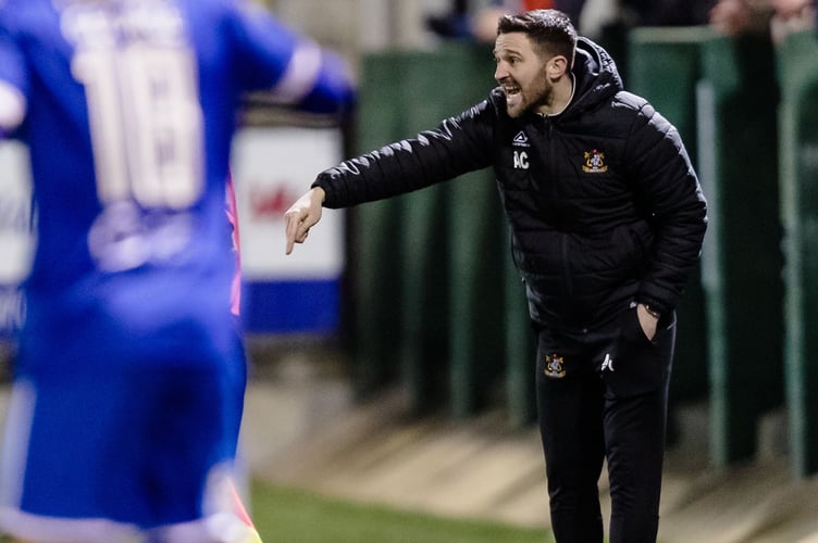 ABERYSTWYTH, WALES - 02  FEBRUARY 2022: Aberystwyth manager Antonio Corbisiero during the JD Cymru Premier league fixture between Aberystwyth Town F.C & Haverfordwest County A.F.C and  Aberystwythâs 1000th league game in the Cymru premier devision, Park Avenue Stadium, February 2nd, 2022, Aberystwyth, Wales (Pic By John Smith/FAW)
