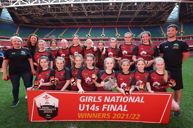 Ysgol Bro Teifi Under-14 girls’ rugby team at Principality Stadium, Cardiff.