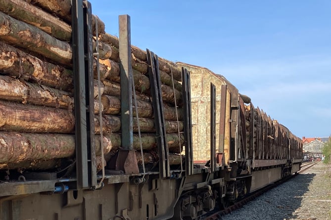 The timber, which came from the forests of Ceredigion and Powys, was loaded onto a Colas Rail freight service at Aberystwyth, ready to be transported to the Kronospan manufacturing plant in Chirk, north Wales.