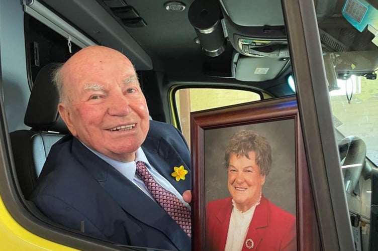 Morfudd’s brother Hefin Jones in the ambulance with her portrait photo