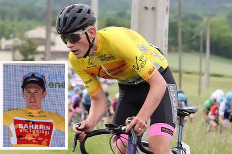 Josh Tarling dons the yellow jersey in Tour de Gironde; inset, Stevie Williams in yellow at the Tour de Suiss