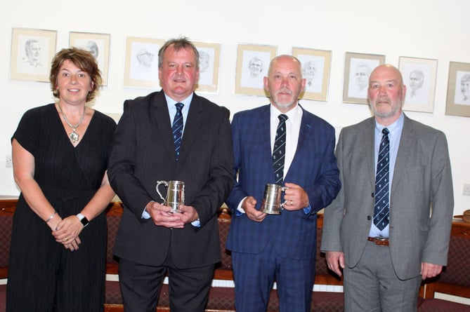 Club chair Nerys Hywel with Tim Lewis (second from left), Wyn Morgan (second from right) and Brian Isaac, retiring club secretary