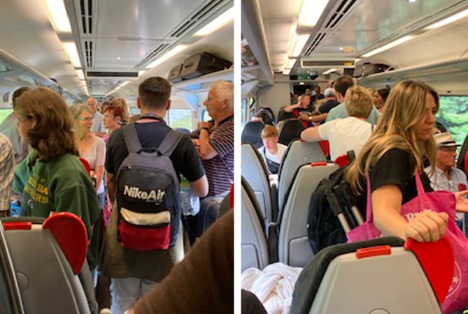 These images of a crowded train were taken last week between Birmingham and Aberystwyth on a Transport for Wales train that was 1 hour and 40 minutes late after Shrewsbury