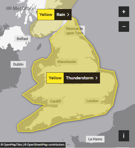 The Met Office has issued a new weather warning for thunderstorms