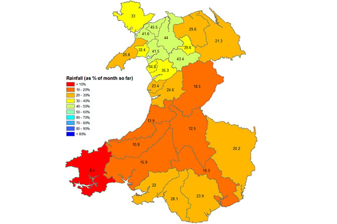 Rainfall percentage in August in Wales (up to the 16th)