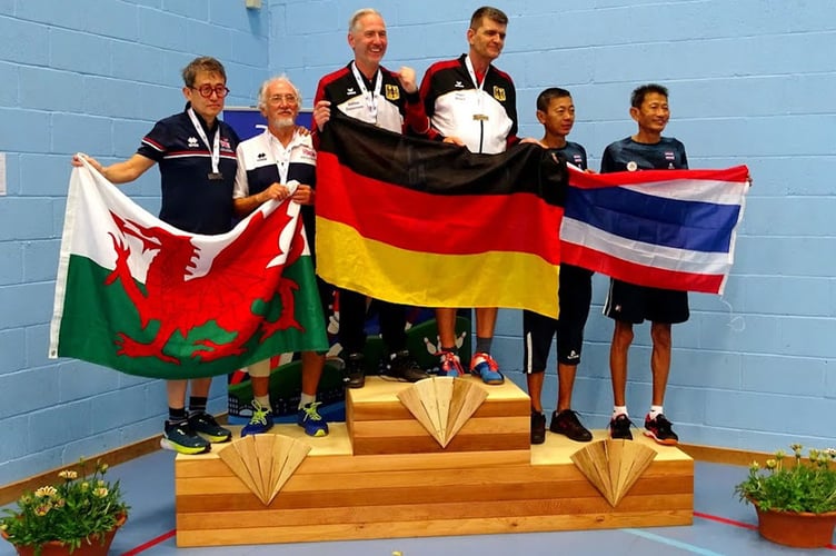 The badminton doubles medal ceremony: left to right - Alex Bell, Ieuan Ellis (GB), Andreas Zimmermann, Hagen Brosch (Germany), Attapol Likkitpattamasingh, Pisit Thanomphan (Thailand). The Thai pair were competing as guests European transplant games 2022