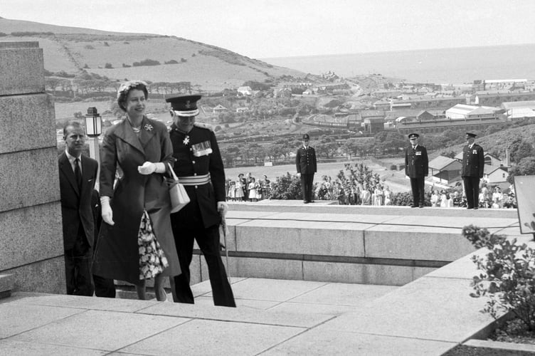 Queen Elizabeth on her first visit to Aberystwyth in 1955 at the National Library of Wales with the Duke of Edinburgh