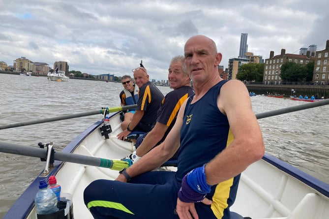 The Aberdyfi Rowing Club men’s crew on the Thames for London Great River Race 2022