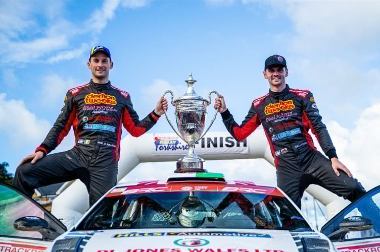 Osian Pryce and Noel O’Sullivan with the coveted British Rally Championship trophy 2022