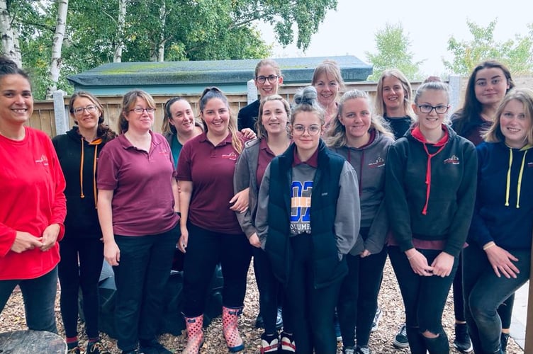 Some of the nursery staff taking part in the hike: Emma Cook, Manon Webb, Angela Sheehy, Lianne Savage, Emma Brownlie, Myfanwy Healy, Tirion Evans, Abby Lees, Lucy Pearson, Elizabeth Jackson, Emma Healy, Ffion Ellis, Rose Brennan and Andrea North