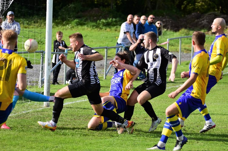 Ifan Burrell puts Bow Street ahead against Colwyn Bay in the Welsh Cup 081022