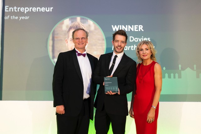 Entrepreneur of the Year winner, John Davies of Penarth View Magazine, with judge David Stephens CEO of Admiral Insurance and Sian Lloyd, the evening’s host.