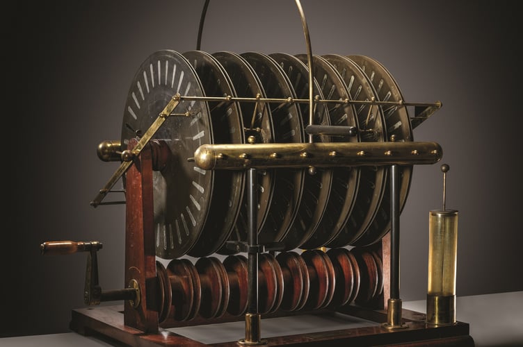 The Wimshurst machine constructed for the Department of Physics around the turn of the century to generate power for early X-ray tubes, as featured in Ceiniogau’r Werin | The Pennies of the People