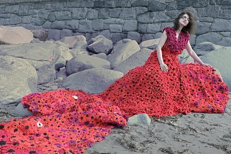 Poet and musician, Gwyneth Glyn, wearing the Gown of Poppies                                   Photo: Terry Mills