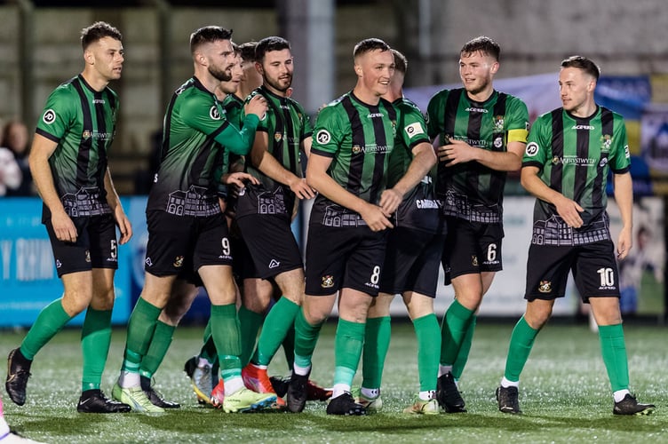 ABERYSTWYTH, WALES - 14 OCTOBER 2022:  Aberystwyth Town's Harry Arnison scores and celebrates making it 1-0 during the JD Cymru Premier league fixture between Aberystwyth Town F.C & Haverfordwest County A.F.C, at Park Avenue Stadium, October 14th, 2022, Aberystwyth, Wales. (Pic By John Smith/FAW)