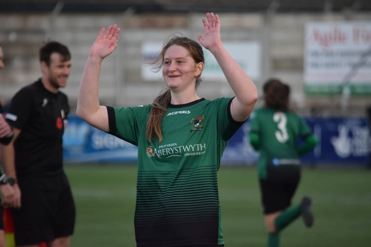 Amy Jenkins celebrates at the end of the Barry Town United match