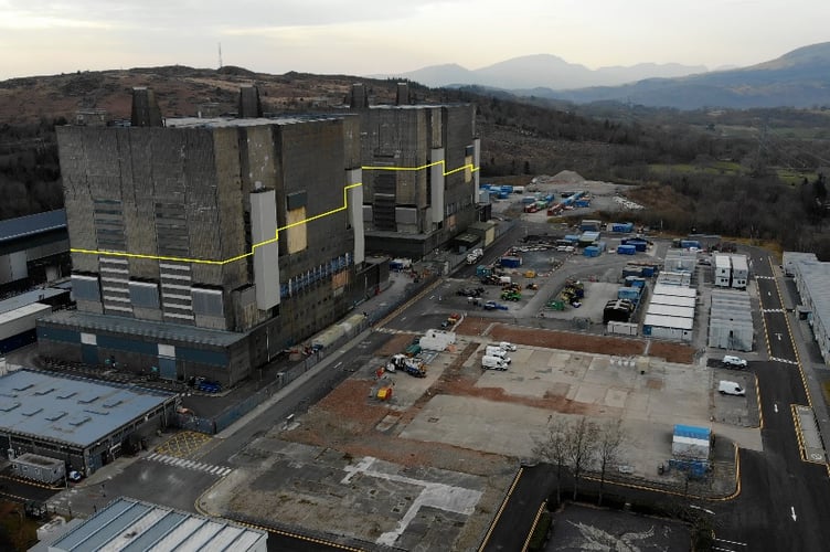 A line on this picture of the Trawsfynydd reactor buildings indicates the height reduction level