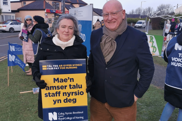 Liz Saville Roberts MP and Hywel Williams MP with striking nurses outside Ysbyty Gwynedd