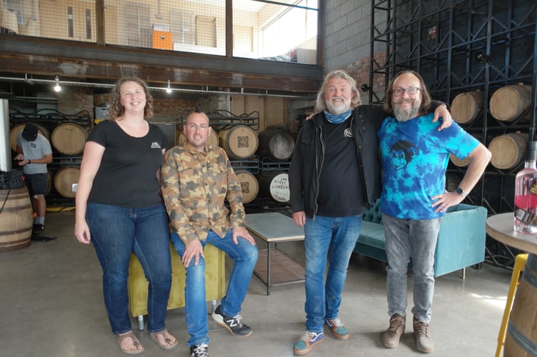 Distillery founders Ellen Wakelam and Alex Jungmayr with Hairy Bikers Dave Myers and Si King