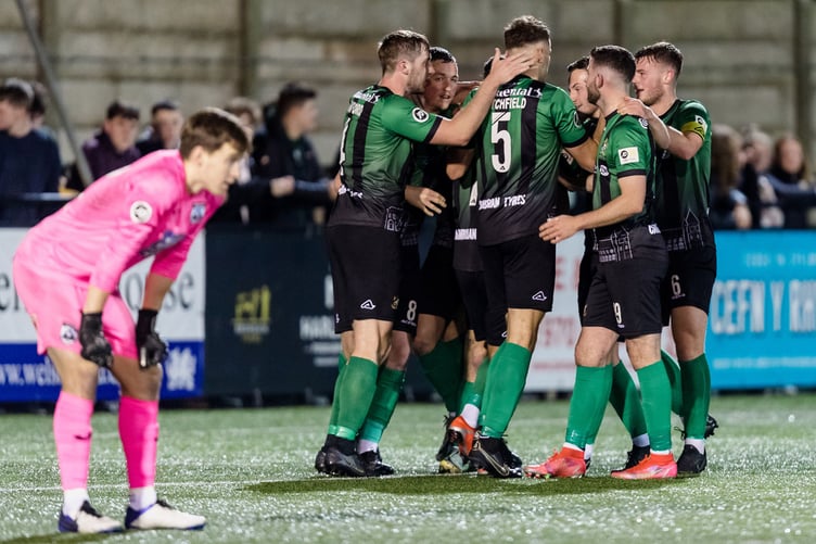ABERYSTWYTH, WALES - 14 OCTOBER 2022: Aberystwyth Town's Harry Arnison celebrates as he scores during the JD Cymru Premier league fixture between Aberystwyth Town F.C & Haverfordwest County A.F.C, at Park Avenue Stadium, October 14th, 2022, Aberystwyth, Wales. (Pic By John Smith/FAW)