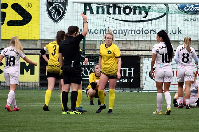 Kel Thomas receives a red card against Cardiff City 220123
