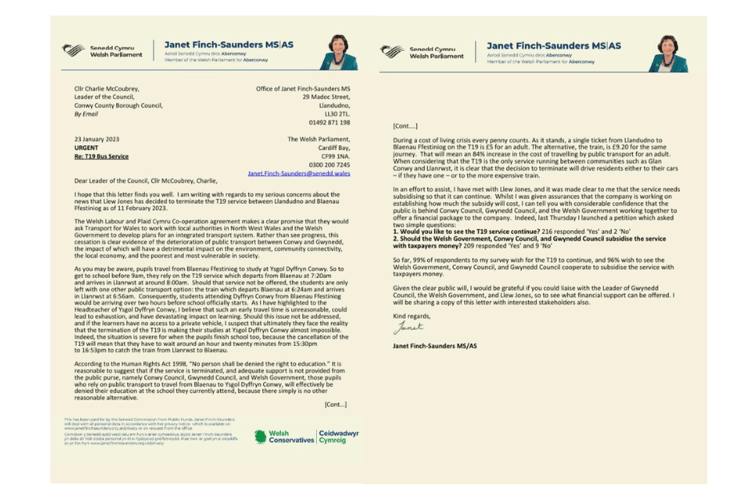 Janet Finch-Saunders' letter sent to authorities to save the route.