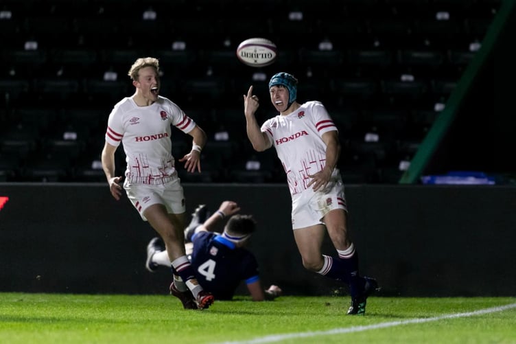 Former Ysgol Penglais pupil celebrates one of his three tries against Scotland U20s
