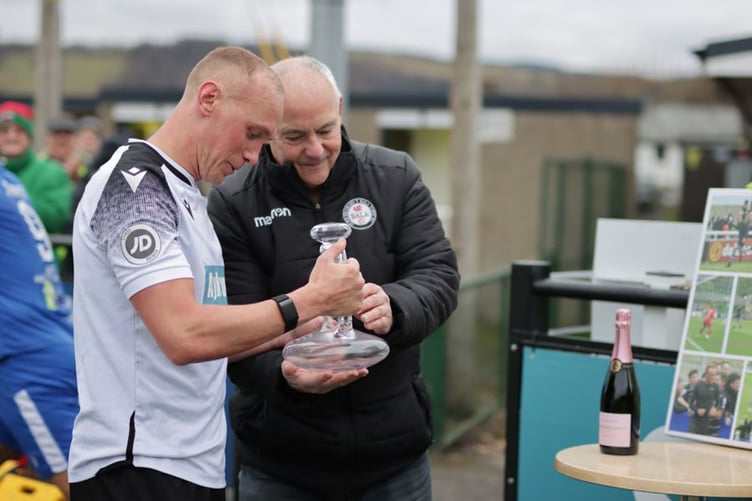 Kieran Smith, who was making a record-breaking 262nd appearance for Bala, went close with a volley against Penybont. He is pictured receiving an award for his achievement by chief executive Nigel Aykroyd