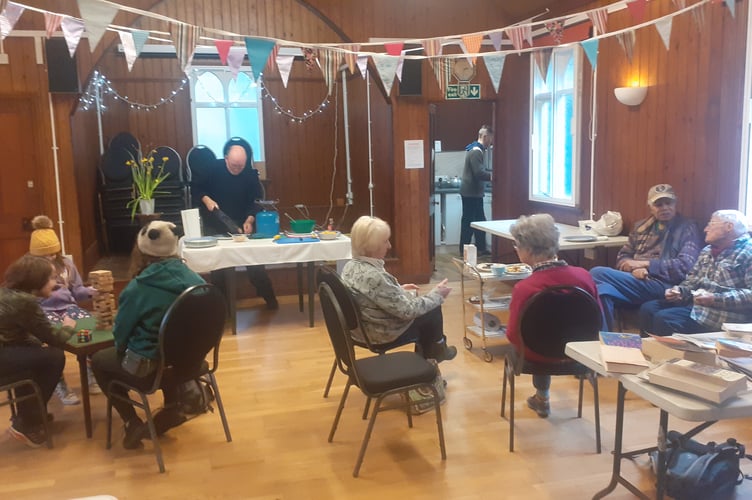 Community members enjoying pancake day at Eglwysfach Warm Welcome Space