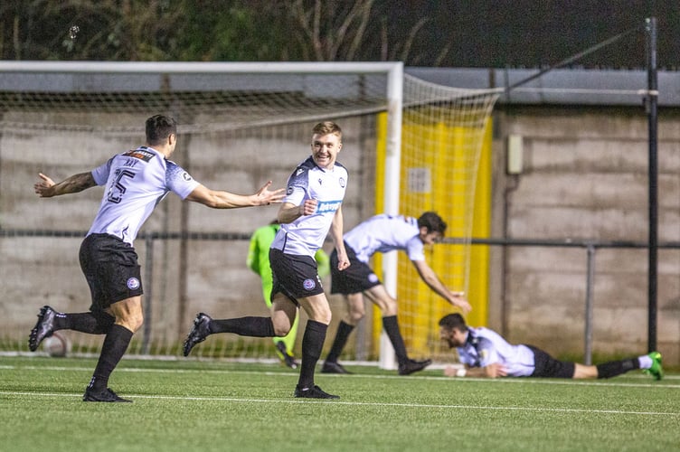 FLINT, WALES - 3 MARCH 2023 - Nathan Peate equalises for Bala at JD Welsh Cup Semi Final fixture between Connah's Quay Nomads and Bala Town at the Essity Stadium, Flint (Pic by Nik Mesney/FAW)