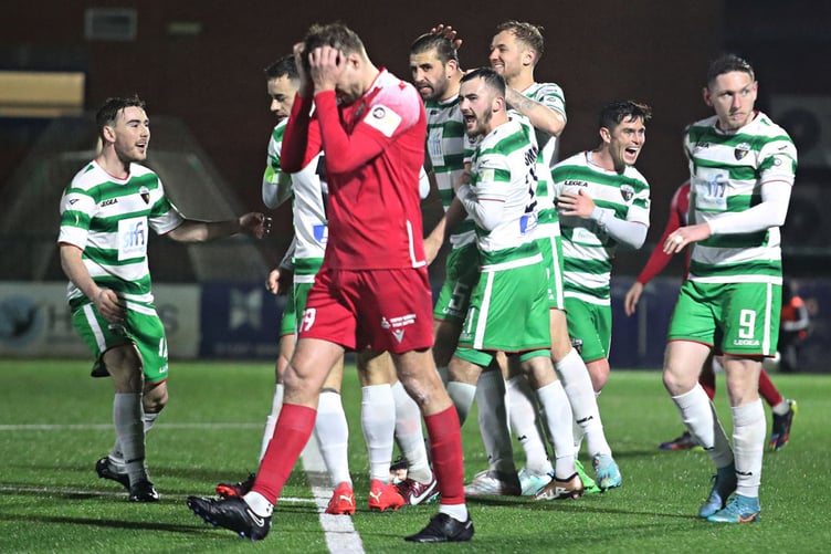 PARK HALL, OSWESTRY, SHROPSHIRE, ENGLAND - 13th MARCH 2023 - Ryan Astles celebrates scoring TNS' second goal during The New Saints FC vs Bala Town in Round 26 of the JD Cymru Premier Championship Conference at Park Hall, Oswestry (Pic by Sam Eaden/FAW)