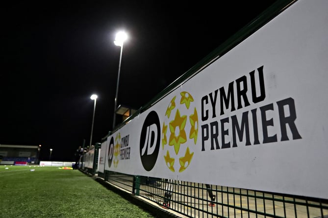 BROUGHTON, WALES - 17th FEBRUARY 2023 - A Cymru Premier sign at the Hollingsworth Group Stadium before Airbus UK Broughton FC vs Caernarfon Town FC in Round 24 of the JD Cymru Premier Play Off Conference at The Hollingsworth Group Stadium, Broughton (Pic by Sam Eaden/FAW)