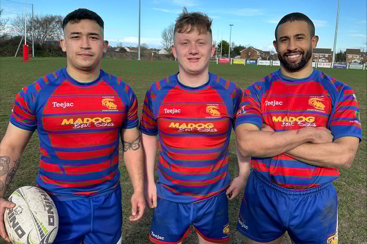 Porthmadog players Manocha Lewis, Ynyr Lane and Anthony Quezada after the latter’s debut try