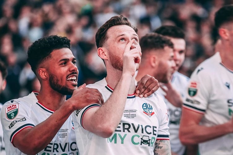 Gethin Jones looks to the sky after sscoring for Bolton at Wembley