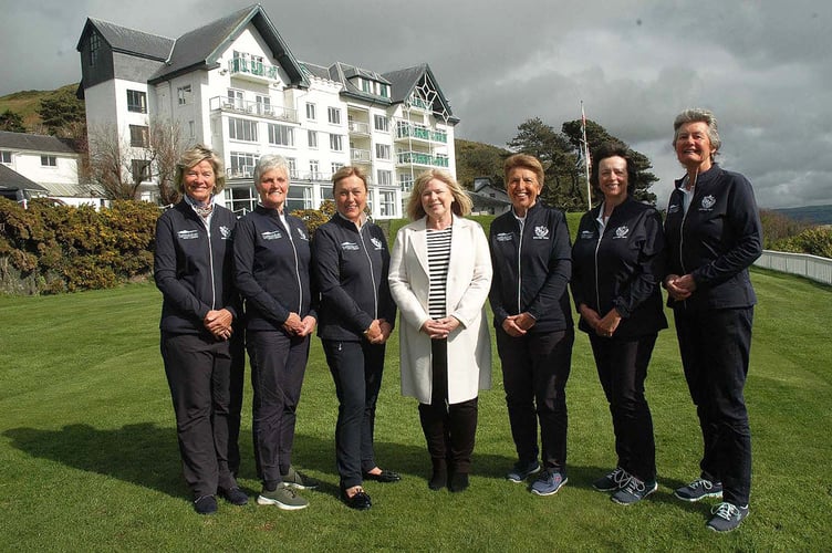 Aberdovey Golf Club Ladies Scratch team with Caroline Cave at the Trefeddian Hotel, Aberdyfi. Left to right, Julie McAloon, Mary Upson, Angela Murphy, Caroline Cave, Lynn Mamos, Janet Price, and Sally Wilkinson
