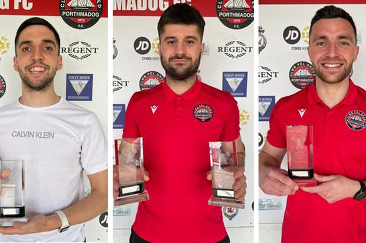 Meilir Williams, Josh Banks, and Nathan Williams Porthmadog players of the year 2023