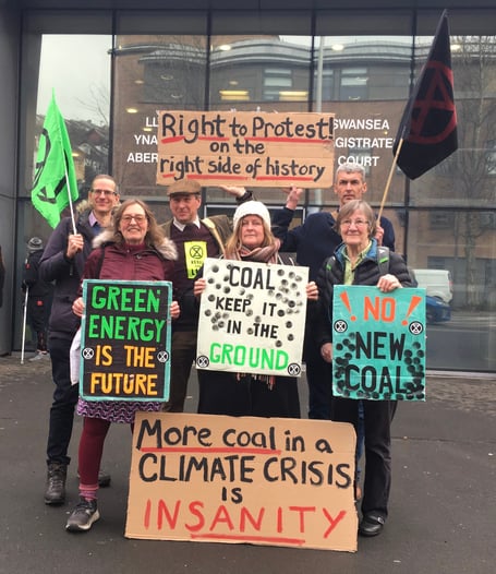 Swansea magistrate court (l-r Jamie Russell, Sahrah Wilding, Dougald Purce, Ros Pears, Mike Bastow, Pam Williams