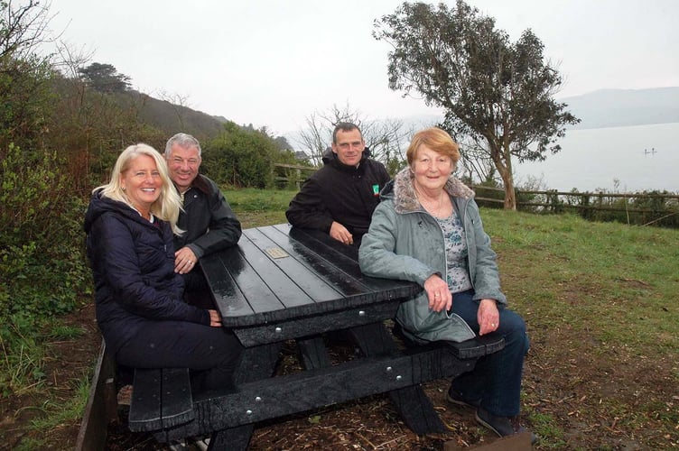 Lady Sheila Houghton with Peter and Jeannie Houghton and Aberdyfi harbourmaster Will Stockford at Picnic Island