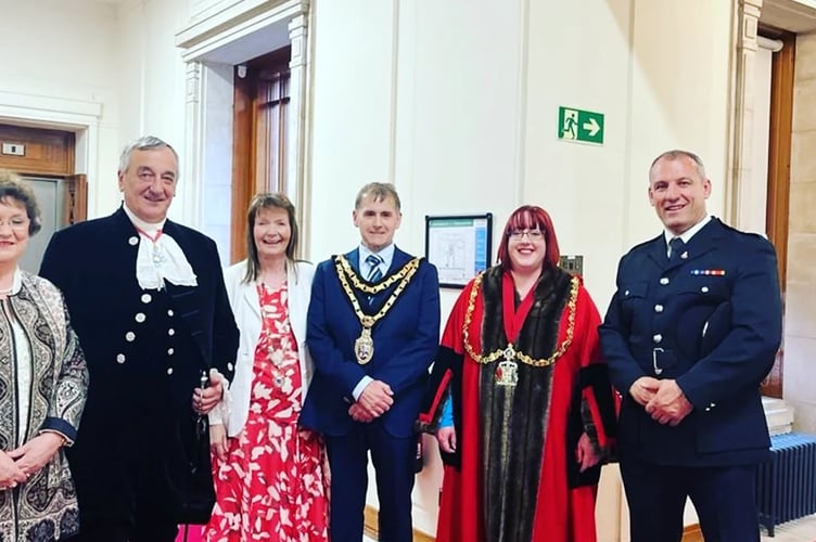 (Left to right) Hilary Raymond (High Sheriff Consort), Meurig Raymond Esq CBE DL – High Sheriff, Reverend Carys Ann, Chair of Ceredigion, County Council Maldwyn Lewis, Kerry, Station Commander Emyr Jones from Mid & West Wales Fire & Rescue Service.