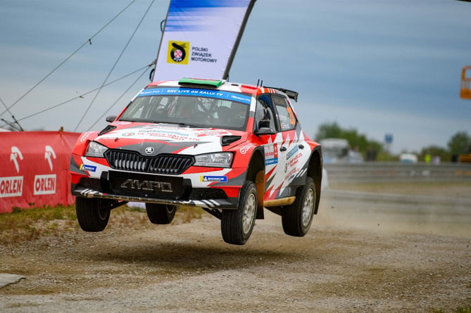 Osian Pryce takes to the air in his Skoda Fabia Rally2   Rally Poland 2023