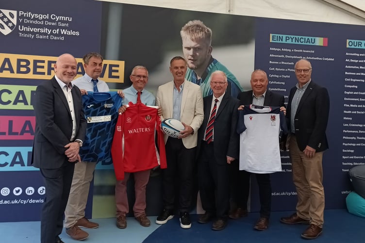 WRU Chairman Ieuan Evans, Gareth Potter (Head of rugby UWSTD), Peter Rees (Chairman, Llandovery RFC), Prof. Dylan E Jones (Deputy Vice Chancellor UWSTD ), Venerable Randolph Thomas (Chair of Council UWSTD), Dominic Finlay (Warden Llandovery College), Gwilym Dyfri Jones (Provost Carmarthen Campus UWSTD
